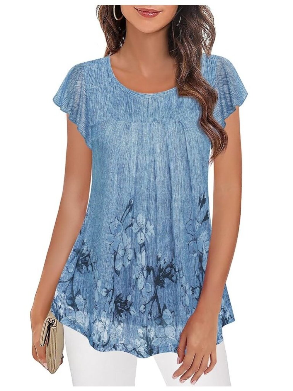 Furnex Blouse Medium Floral Scoop Neck Flutter Sleeve Blue Bohemian Cottagecore